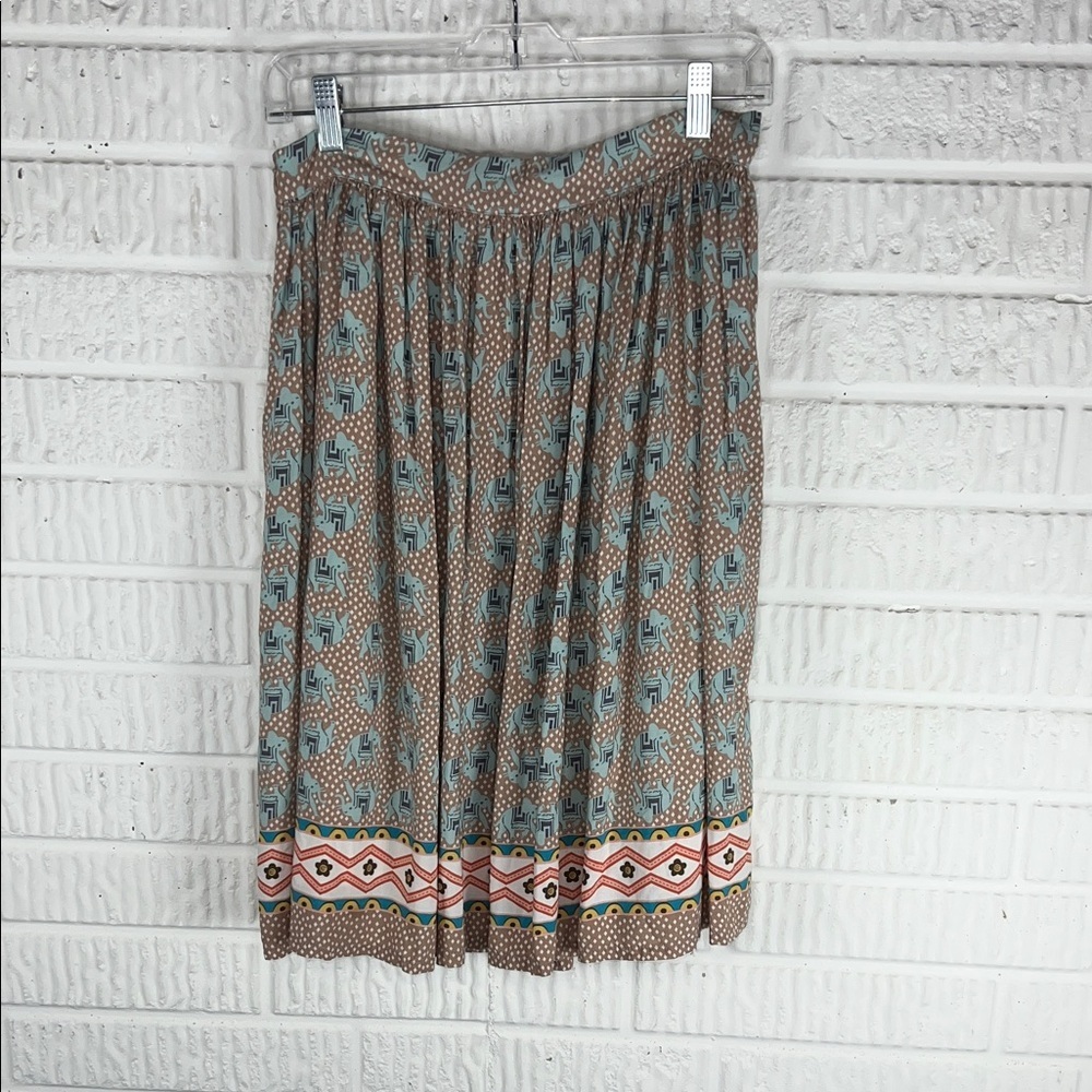 Comme Toi Elephant Boho Printed Midi Skirt in Light Brown and Teal - Picture 2 of 4